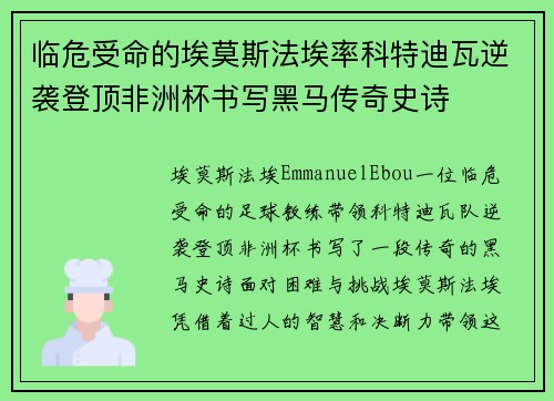 临危受命的埃莫斯法埃率科特迪瓦逆袭登顶非洲杯书写黑马传奇史诗